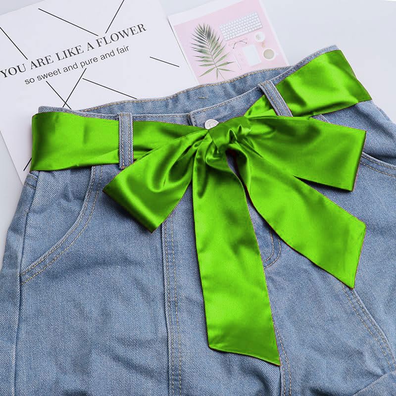 Long Thin Skinny Scarf Satin Neckerchief Ribbon Tie Waist Belt for Women - color: Fruit Green