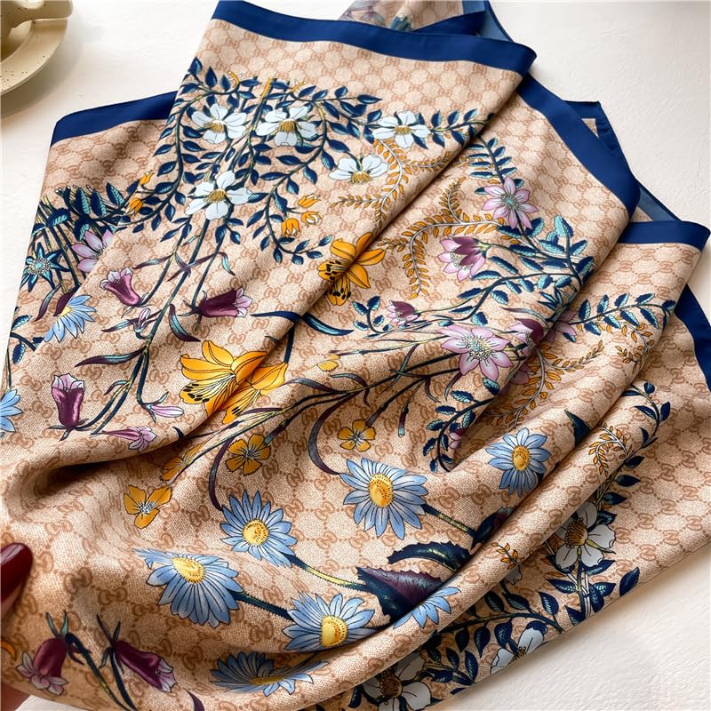Women's Square Silk Like Head Scarf Large 35 inch Silk Feeling Hair Wrapping Satin Scarves for Sleeping Bandanas - color: A011 Twill Floret Blue
