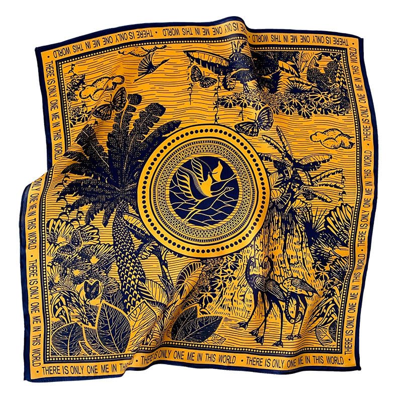 MEISEE 100% Pure Mulberry Silk Scarf 21" Square Scarf Neckerchief Headscarf Breathable Lightweight for Women Gift Packed - color: Golden + Dark Blue Silhouette