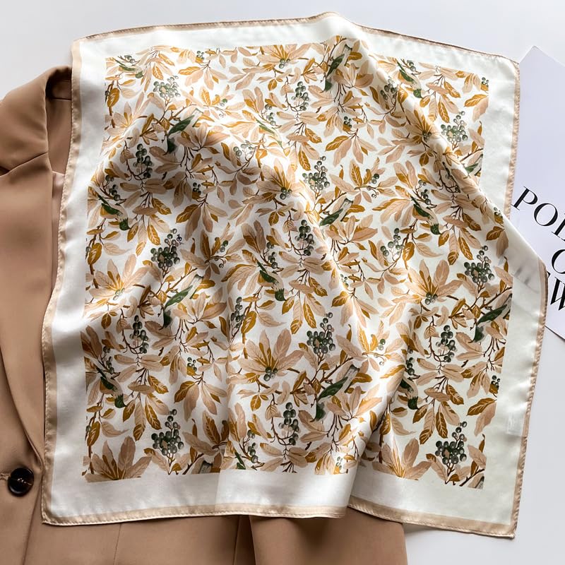 MEISEE 100% Pure Mulberry Silk Scarf 21" Square Scarf Neckerchief Headscarf Breathable Lightweight for Women Gift Packed - color: M3 White Khaki Floral