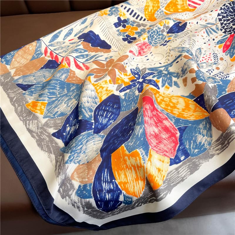 Women's Square Silk Like Head Scarf Large 35 inch Silk Feeling Hair Wrapping Satin Scarves for Sleeping Bandanas - color: A008-2 Twill Blue