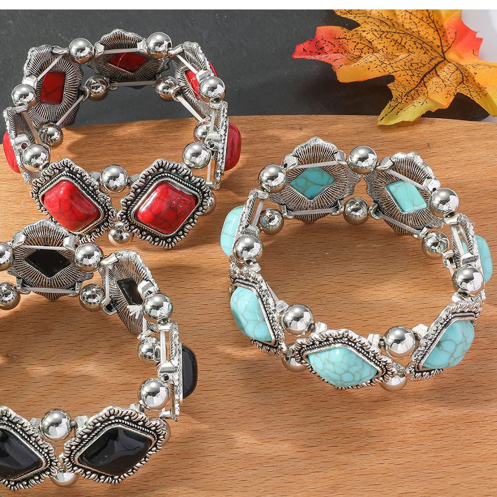 COLORFUL BLING Bohemian Simulated Turquoise Stretch Bangle Bracelet for Women Adjustable Ethnic Natural Stone Statement Wide Wrap Bracelet Boho Jewelry - color: square red