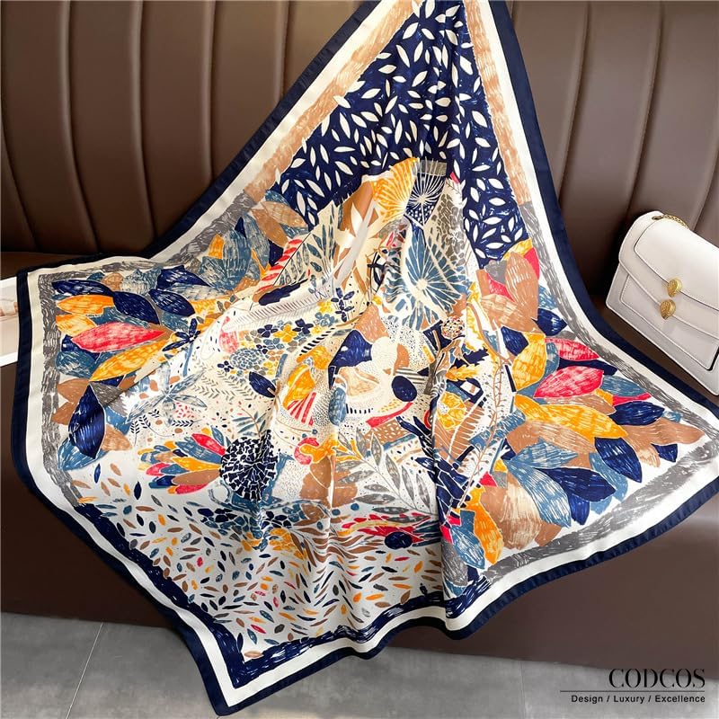 Women's Square Silk Like Head Scarf Large 35 inch Silk Feeling Hair Wrapping Satin Scarves for Sleeping Bandanas - color: A008-2 Twill Blue