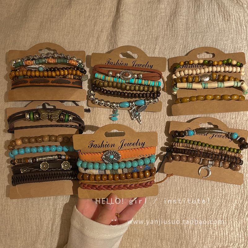 Bohemian Mix Bead Multi Layer Versatile Statement Bracelets Boho Stackable Beaded Strand Stretch Bangles Bracelets Sparkly Crystal Tassel Charm Jewelry Gift - style: Light brown