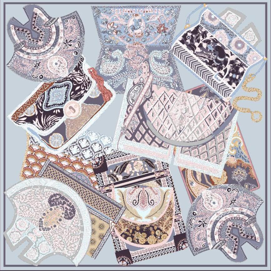 100% Silk Scarves, Extra-Large and XX-Large - color: Hamour's Treasure, Blue, Hand Rolled Edges