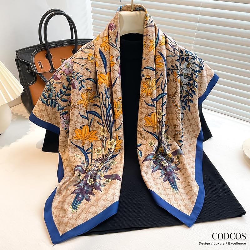 Women's Square Silk Like Head Scarf Large 35 inch Silk Feeling Hair Wrapping Satin Scarves for Sleeping Bandanas - color: A011 Twill Floret Blue