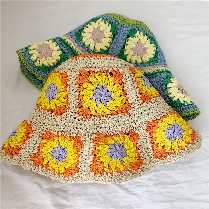Women Straw Sun Hat Floral Woven Crochet Bucket Hat Y2k Aesthetic Accessories Beach Hat Hand Woven Boho Foldable Cap - color: Orange