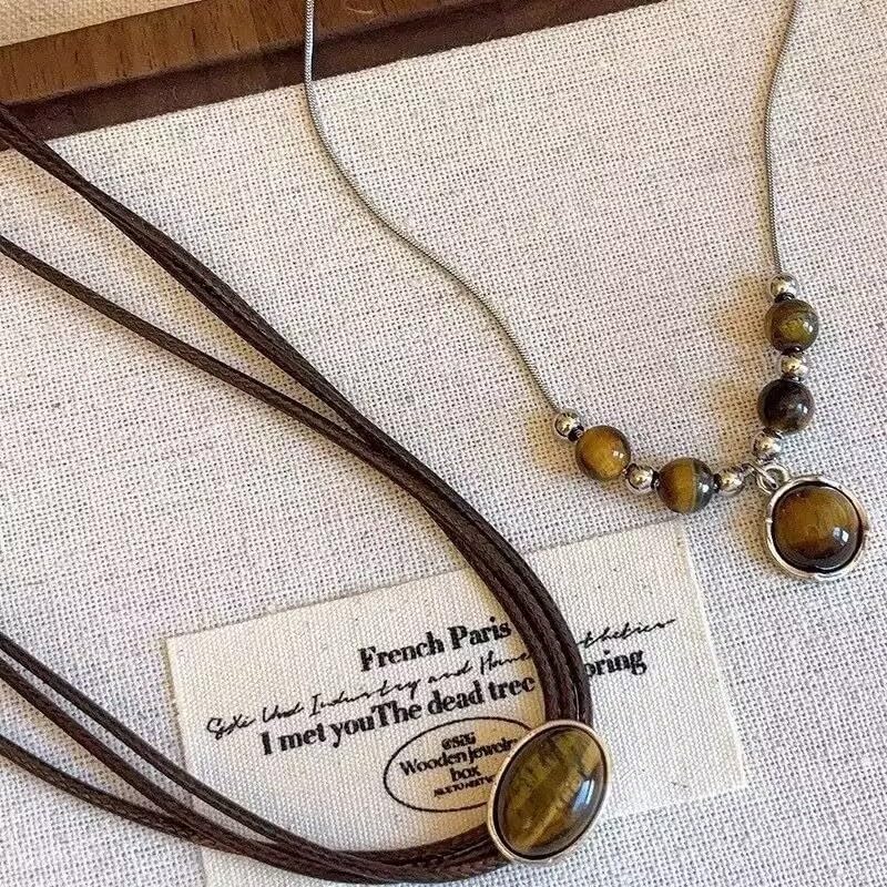 Tiger Eye Necklace for Women Vintage Gold Tiger Eye Brown Stone Pendant Layered Stack Beaded Necklace Elegant Vintage Boho Jewelry - style: SetC