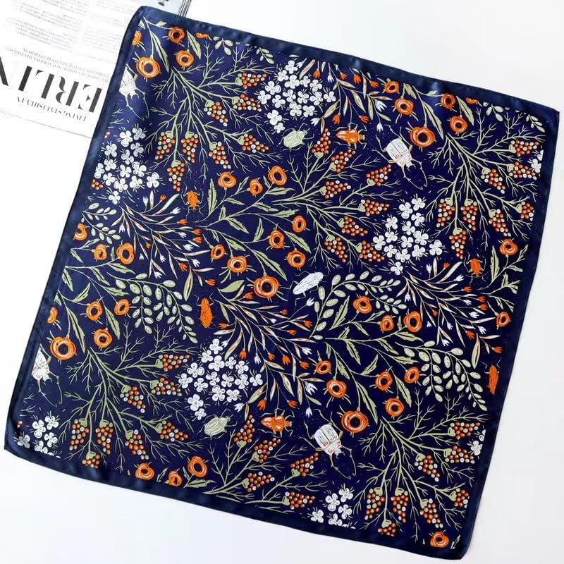 ANDANTINO 100% Mulberry Silk Scarf -21” Square Neckerchief with Gift Packed - color: Flowers-navy