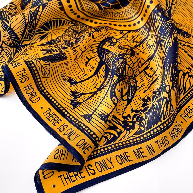 MEISEE 100% Pure Mulberry Silk Scarf 21" Square Scarf Neckerchief Headscarf Breathable Lightweight for Women Gift Packed - color: Golden + Dark Blue Silhouette