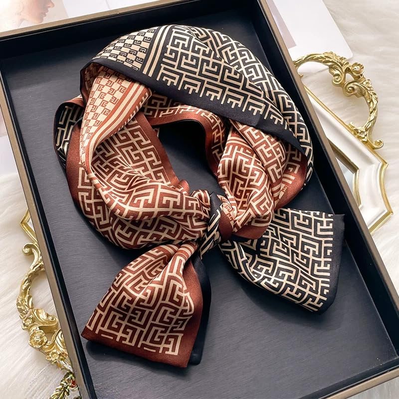 ANDANTINO 100% Silk Scarf for Women 59”*6.3” Long Shawls for Headscarf and Neck- Oblong Hair Wraps with Gift Packed - color: Brown&black
