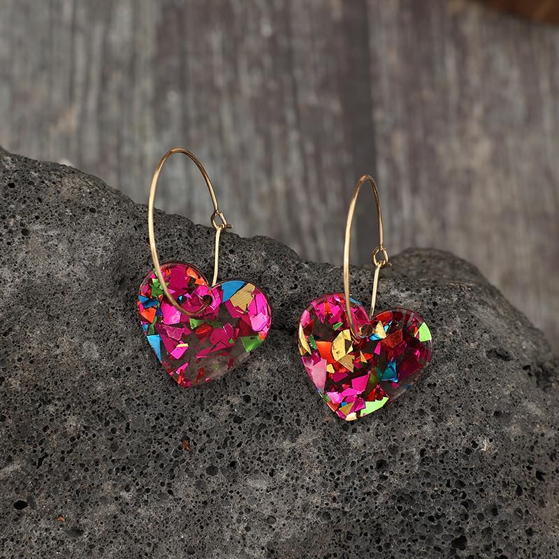 Colorful Shiny Love Heart Dangle Earrings Handmade Lightweight Glitter Acrylic Heart Shaped Hoop Earrings for Women Lovers Valentine's Day Mothers Day Party Jewelry Gifts - style: StyleA