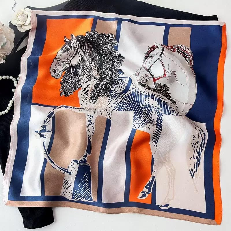 ANDANTINO 100% Mulberry Silk Scarf -21” Square Neckerchief with Gift Packed - color: Horse-navy&orange