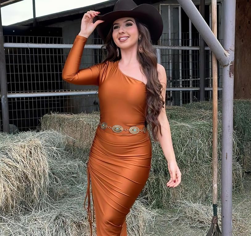 XZQTIVE Women Boho Chain Belts For Dresses Jeans Western Cowgirl Waist Links Belt Adjustable Metal Concho Belt - size: Fit Waist upto 46inches, style: Green Turquoise Matte Gold