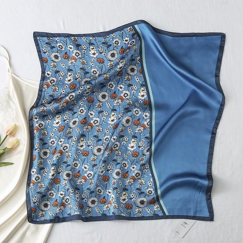 MINIDORA Satin Scarves for Women 27.5 × 27.5 inches Medium Square Elegant Silk Feeling Head Scarf - color: C004-blue