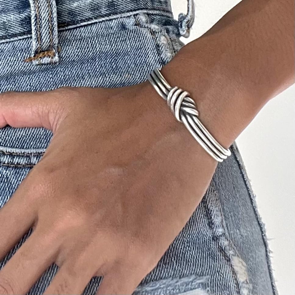 Handmade Sterling Silver Knot Cuff Bracelet, Minimalist Rustic Simple Tied Silver Wires, Adjustable Cuff, Women size M-L, Men size S-M, Gift for Her or Him