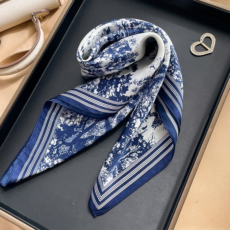 MEISEE 100% Pure Mulberry Silk Scarf 21" Square Scarf Neckerchief Headscarf Breathable Lightweight for Women Gift Packed - color: M3 Blue White