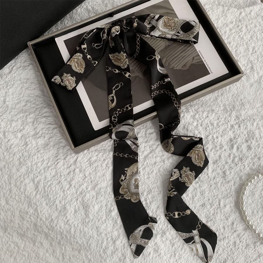 Long Thin Skinny Scarf Satin Neckerchief Ribbon Tie Waist Belt for Women - color: Chain Black