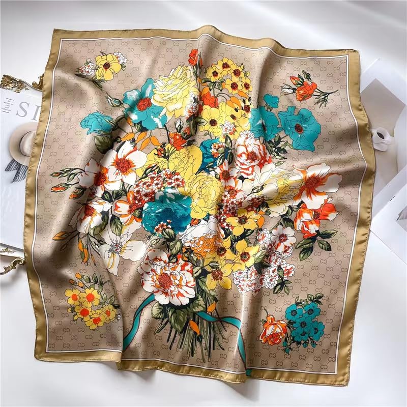 Stlvoll 27.5" Silk Neck Scarf of Women's Fashion Head Scarf Square Neck Satin Scarfs for Bag Hair Scarves Gift - color: Flower/Khaki/Yellow