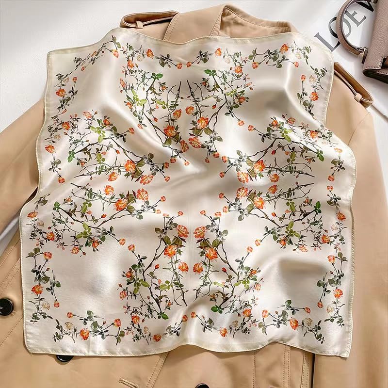 ANDANTINO 100% Mulberry Silk Scarf -21” Square Neckerchief with Gift Packed - color: Flowers-white