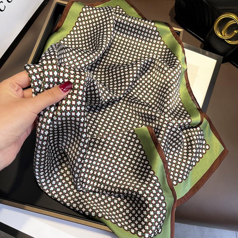 MEISEE 100% Pure Mulberry Silk Scarf 21" Square Scarf Neckerchief Headscarf Breathable Lightweight for Women Gift Packed - color: Green Coffee Pattern