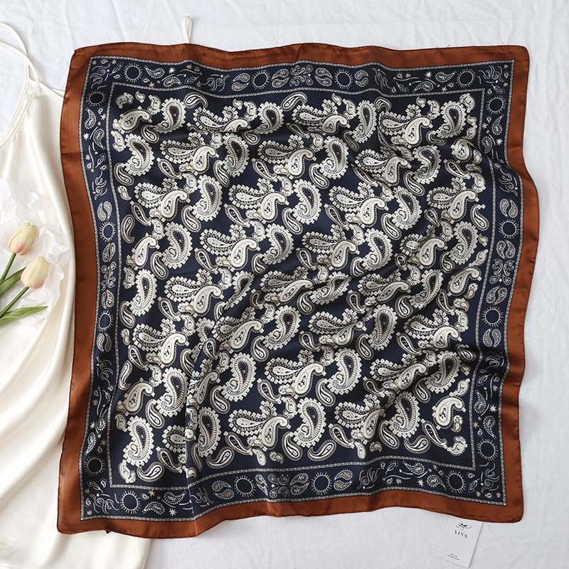 MINIDORA Satin Scarves for Women 27.5 × 27.5 inches Medium Square Elegant Silk Feeling Head Scarf - color: B007-navy Blue