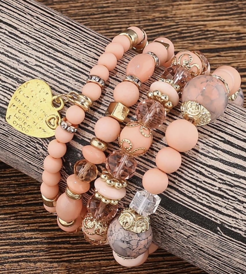 Women Beaded Bracelet Set | Colorful Boho Stackable Trendy Design with Crystal Accents Multilayer Bangle Bracelet | Fashion Stretch Braclets Jewelry for Women - color: Peach