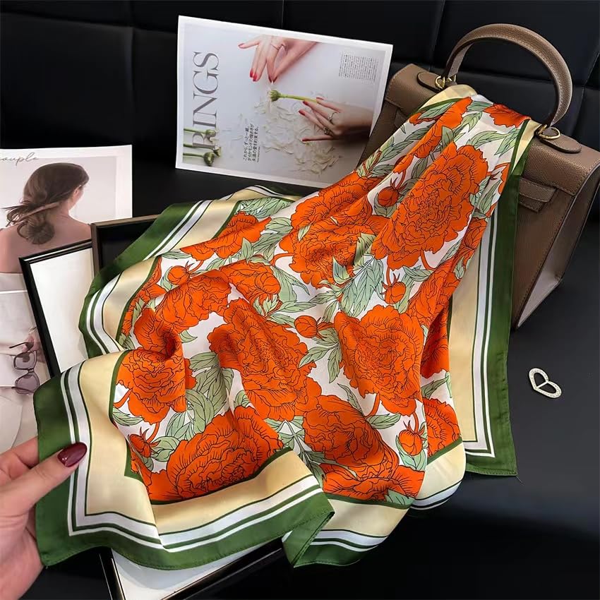 Stlvoll 27.5" Silk Neck Scarf of Women's Fashion Head Scarf Square Neck Satin Scarfs for Bag Hair Scarves Gift - color: Flower/Red/Green