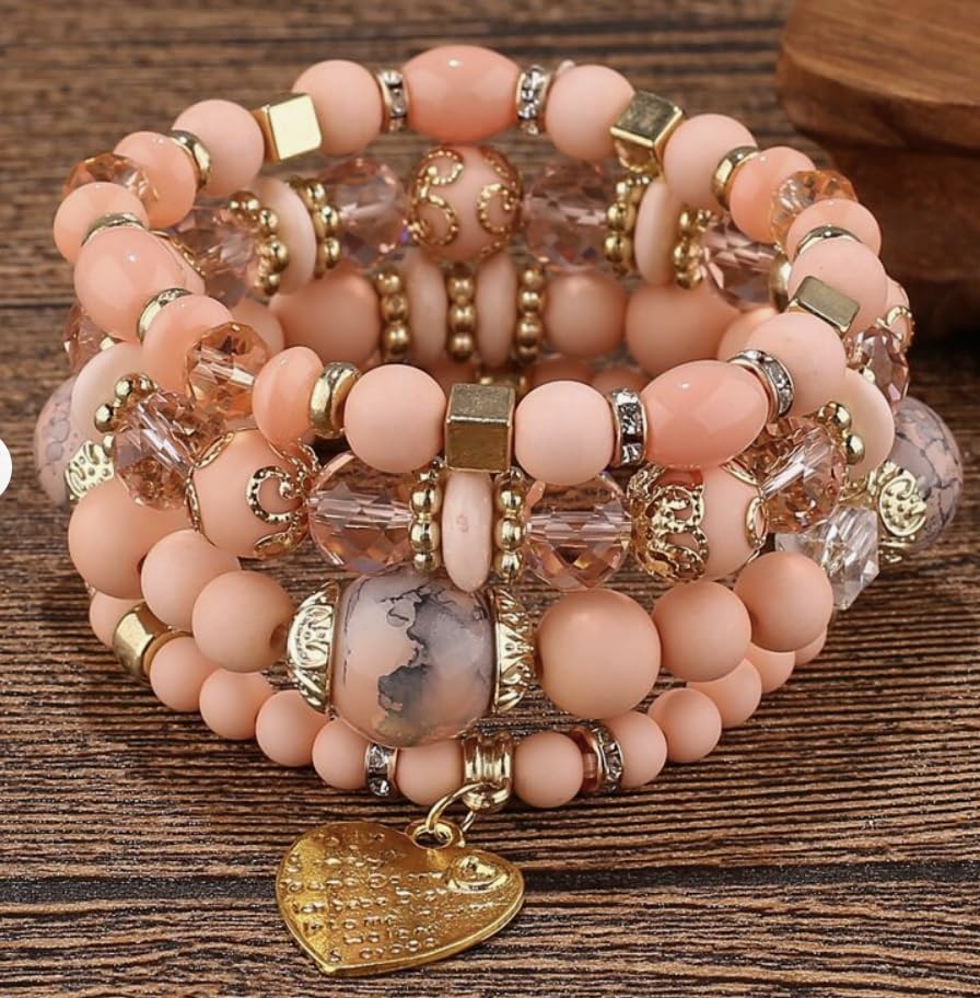 Women Beaded Bracelet Set | Colorful Boho Stackable Trendy Design with Crystal Accents Multilayer Bangle Bracelet | Fashion Stretch Braclets Jewelry for Women - color: Peach