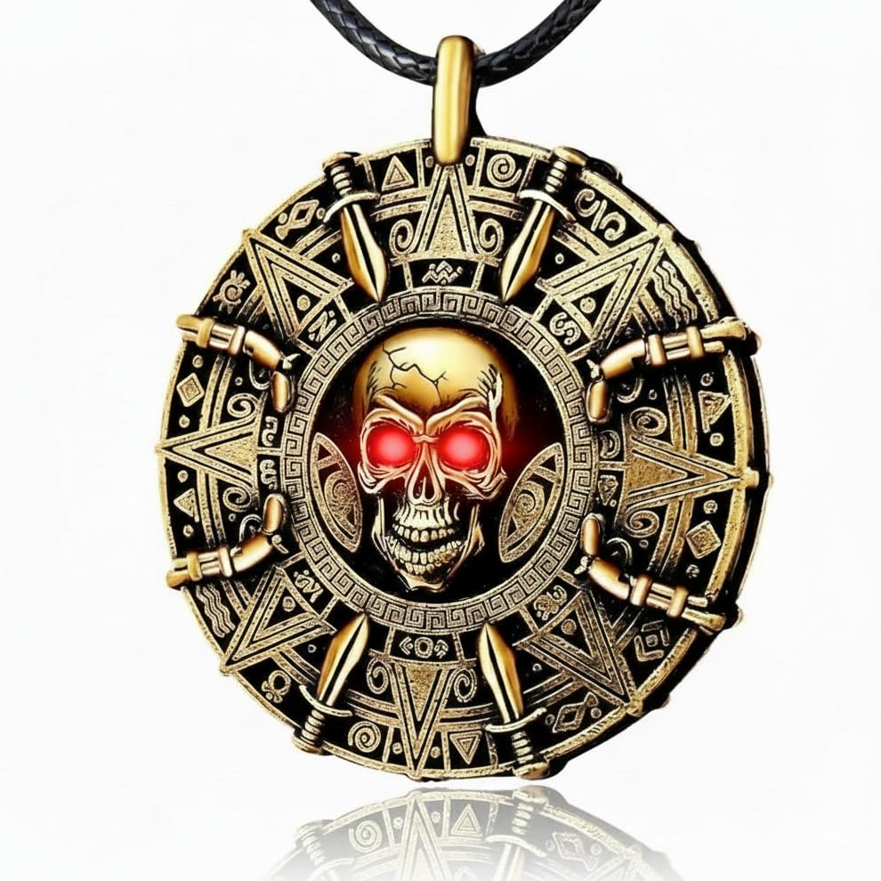 UNKENBO® Midnight Red-Eye Glow Special Edition Pirate Necklace for Men Women - Cursed Skull Pirate Accessories, Authentic Double-Sided Antique Brass Medallion Jewelry, Halloween Cosplay Necklace - color: Glowing Red Eyes