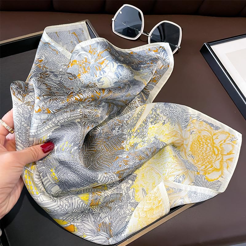 FEIBOON Mulberry Silk Scarfs Neck Scarf 21" Small Square Scarfs hair scarf bandana Neckerchief Headscarf for Women - color: Golden Grey