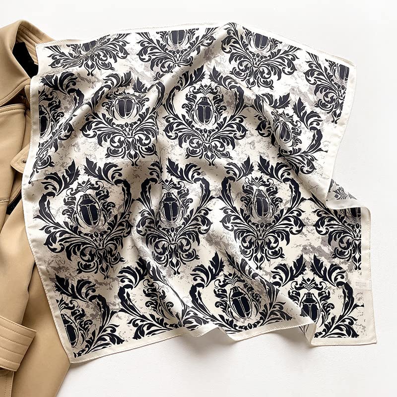 FEIBOON Mulberry Silk Scarfs Neck Scarf 21" Small Square Scarfs hair scarf bandana Neckerchief Headscarf for Women - color: Black+beige