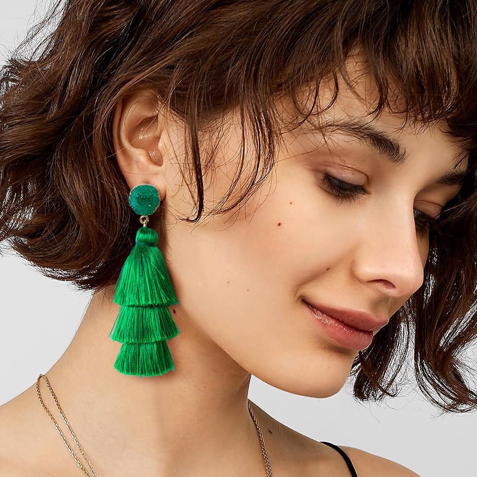 Me&Hz Colorful Layered Tassel Earrings Bohemian Statement Tiered Tassel Big Dangle Drop Earrings for Women Druzy Studs Valentine’s Day Gift - color: Green