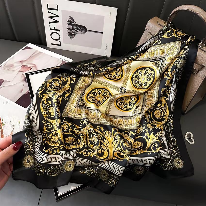 Stlvoll 27.5" Silk Neck Scarf of Women's Fashion Head Scarf Square Neck Satin Scarfs for Bag Hair Scarves Gift - color: Black/Gold