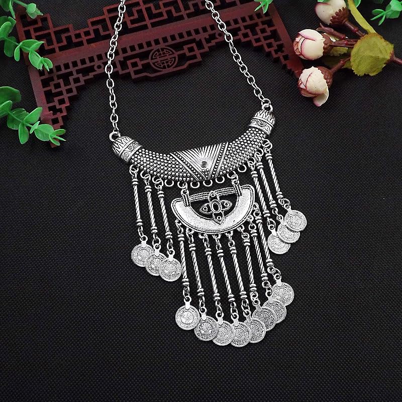 Bethynas Bohemian Ethnic Tribal Chunky Necklace Multilayer Long Tassel Turquoise Statement Neck Chain Retro Coin Gemstone Exaggerated Costume Accessories for Women - color: E-Black