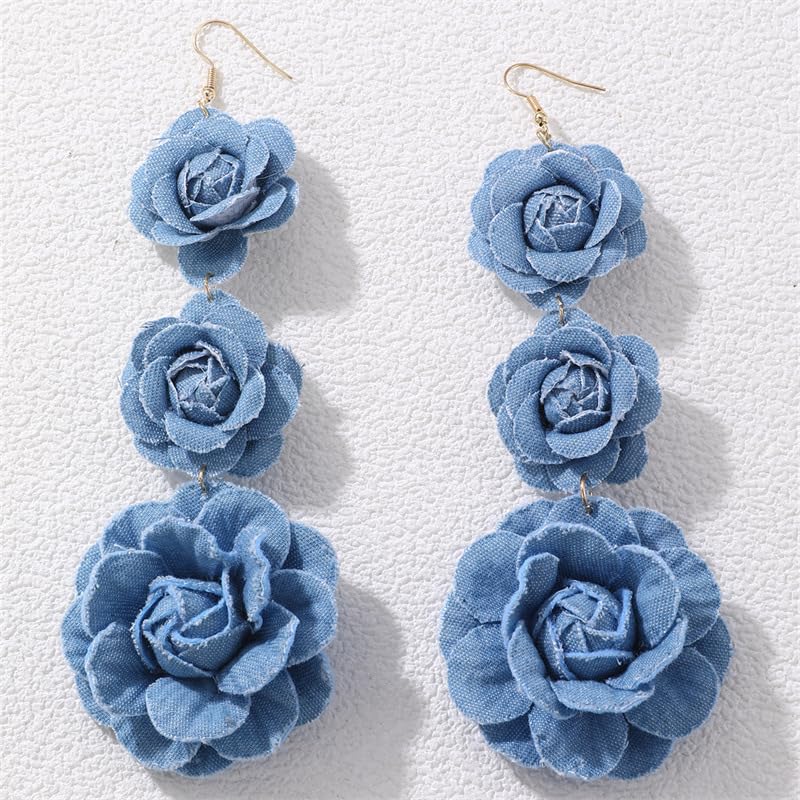 coadipress Boho Denim Camellia Flower Dangle Earrings for Women Exaggerated Big Layered Tiered Blossom Floral Drop Long Earring Chic Statement Earrings Wedding Bridal Jewelry Gifts - style: 3 Flowers