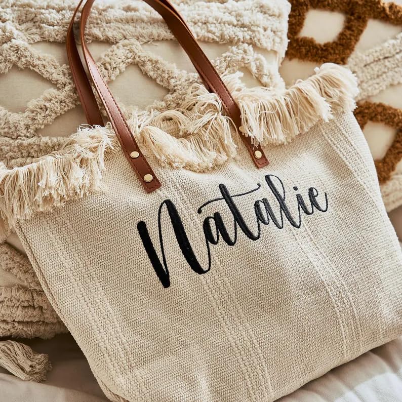 Personalized Embroidered Bridesmaid Tote Bag, Custom Large Women Vaction Travel - color: Khaki