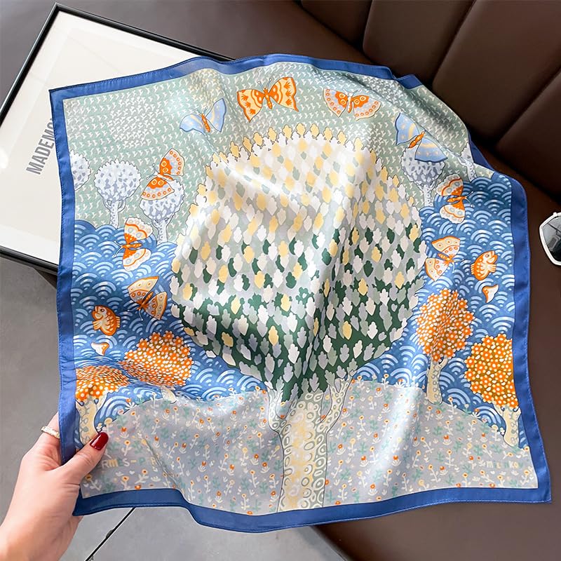 FEIBOON Mulberry Silk Scarfs Neck Scarf 21" Small Square Scarfs hair scarf bandana Neckerchief Headscarf for Women - color: Blue Yellow Green Trees