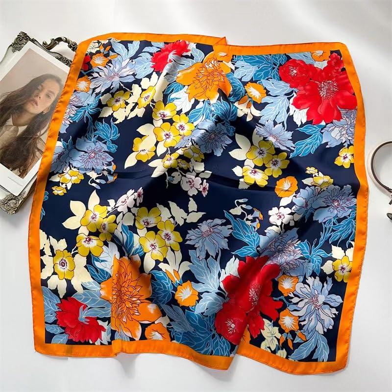 Stlvoll 27.5" Silk Neck Scarf of Women's Fashion Head Scarf Square Neck Satin Scarfs for Bag Hair Scarves Gift - color: Flower/Red/Orange/Black