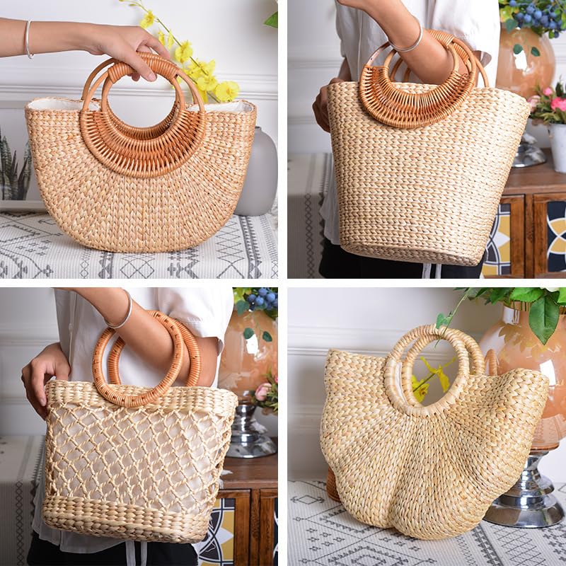 Women's Straw Shoulder Bag Women Large Woven Bag Round Handle Ring Tote Purse Retro Handbags Summer Travel Beach Handbag Hand Woven Straw Large Hobo Bag Big Capacity Handmade Bag for Girls Women F - color: Women's Straw Bag F