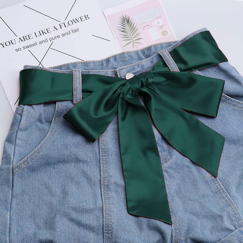 Long Thin Skinny Scarf Satin Neckerchief Ribbon Tie Waist Belt for Women - color: Dark Green
