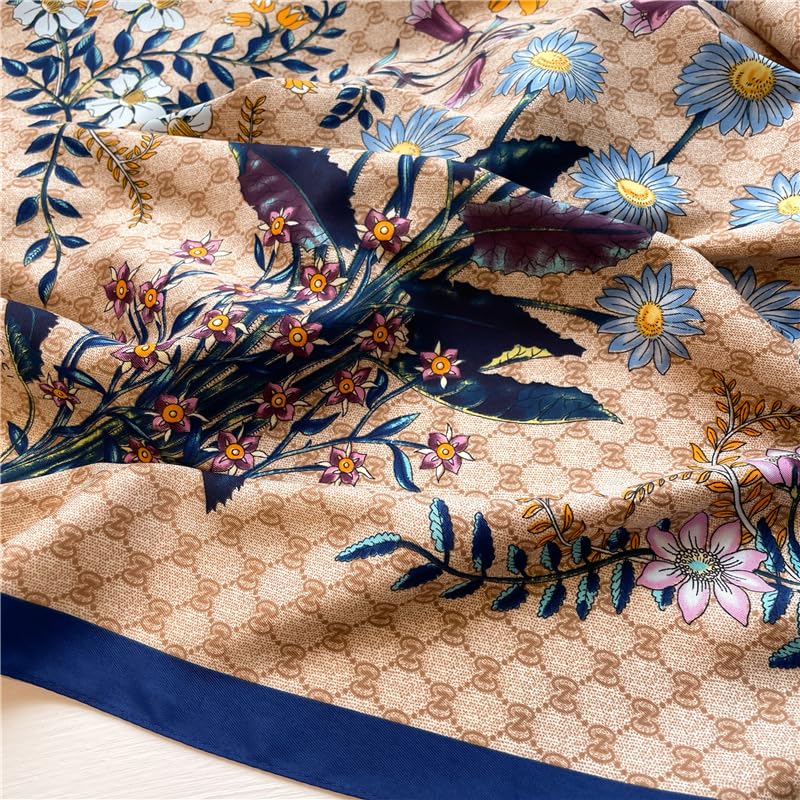 Women's Square Silk Like Head Scarf Large 35 inch Silk Feeling Hair Wrapping Satin Scarves for Sleeping Bandanas - color: A011 Twill Floret Blue