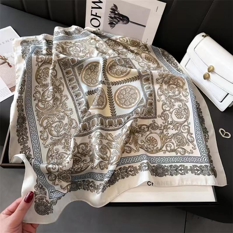 Stlvoll 27.5" Silk Neck Scarf of Women's Fashion Head Scarf Square Neck Satin Scarfs for Bag Hair Scarves Gift - color: Beige