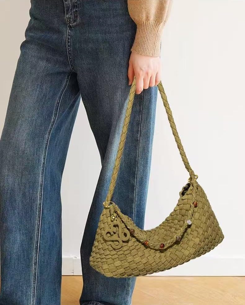 Premium Woven Shoulder crossboby Bag for Women, Slouchy Hobo Handbag with Braided Strap and Matching Zipper Pouch - color: Green