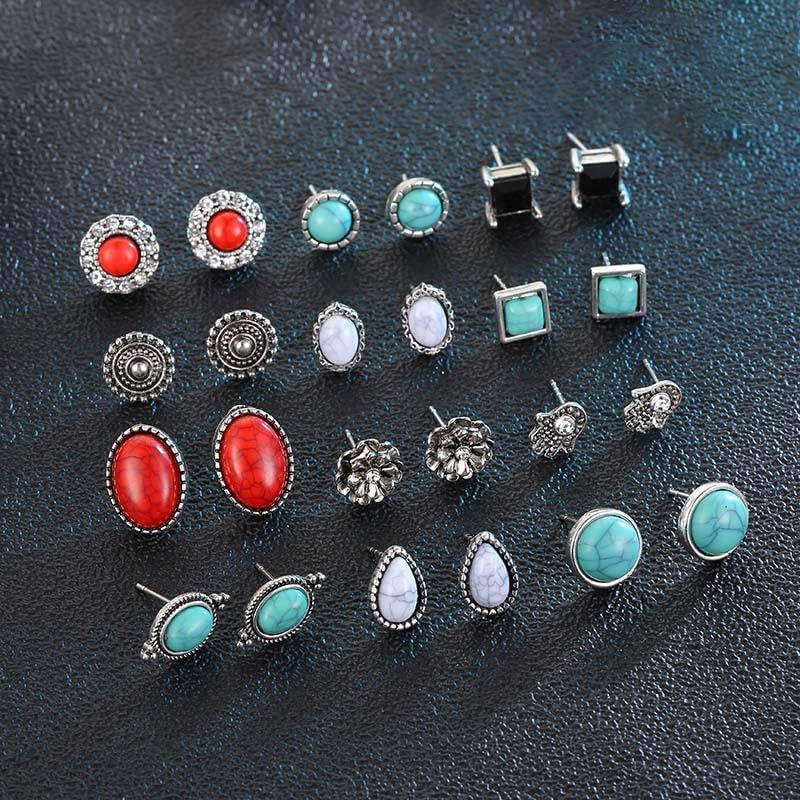 36 Pairs Imitation Pearl Earrings Round Ball Ear Studs Colorful Faux Mixed Sizes Stud Earrings Set for Women Classic Bohemian Turquoise Oval Jewelry Gifts - color: Style 05(12 Pairs)