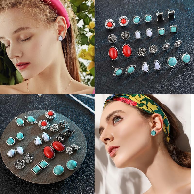 ONLYJUMP 12 Pairs Boho Stud Earrings Set for Women Vintage Bohemian Assorted Stud Earring Handmade Gemstone Oval Round Flower Earrings Turquoise Earrings Trendy Jewelry Gift