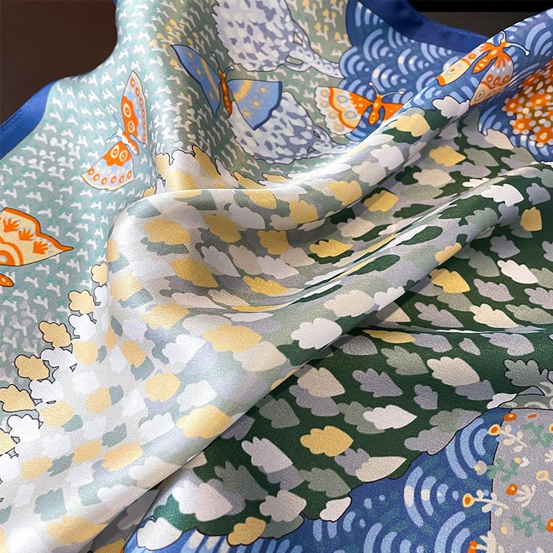 FEIBOON Mulberry Silk Scarfs Neck Scarf 21" Small Square Scarfs hair scarf bandana Neckerchief Headscarf for Women - color: Blue Yellow Green Trees