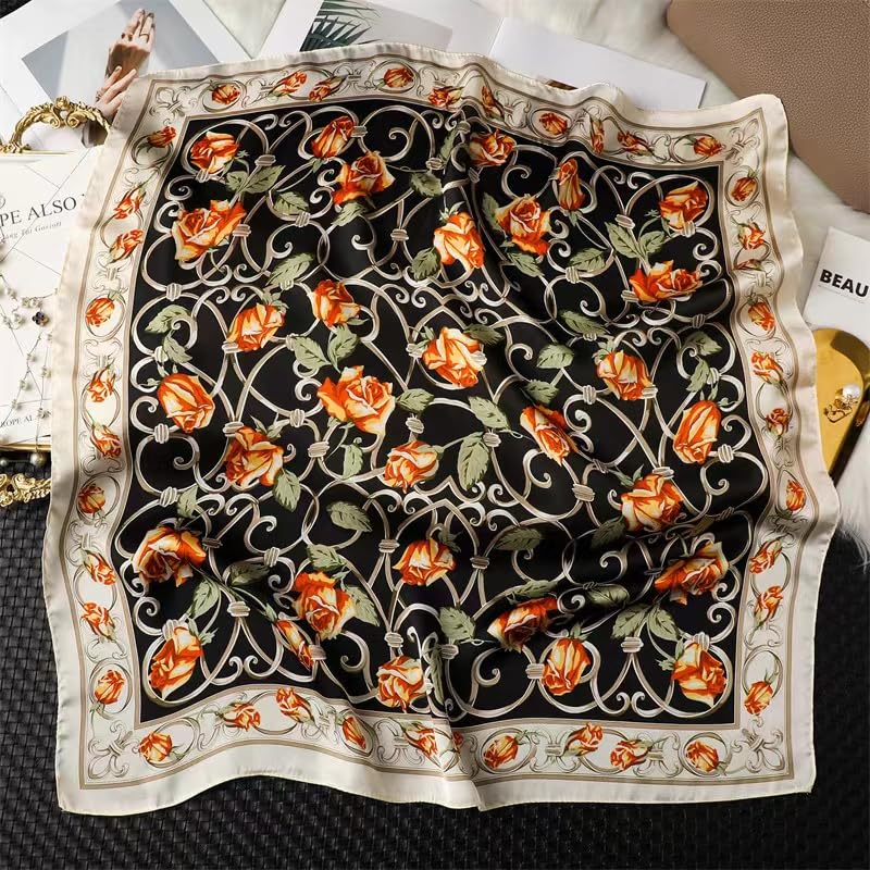 Stlvoll 27.5" Silk Neck Scarf of Women's Fashion Head Scarf Square Neck Satin Scarfs for Bag Hair Scarves Gift - color: Flower/Black