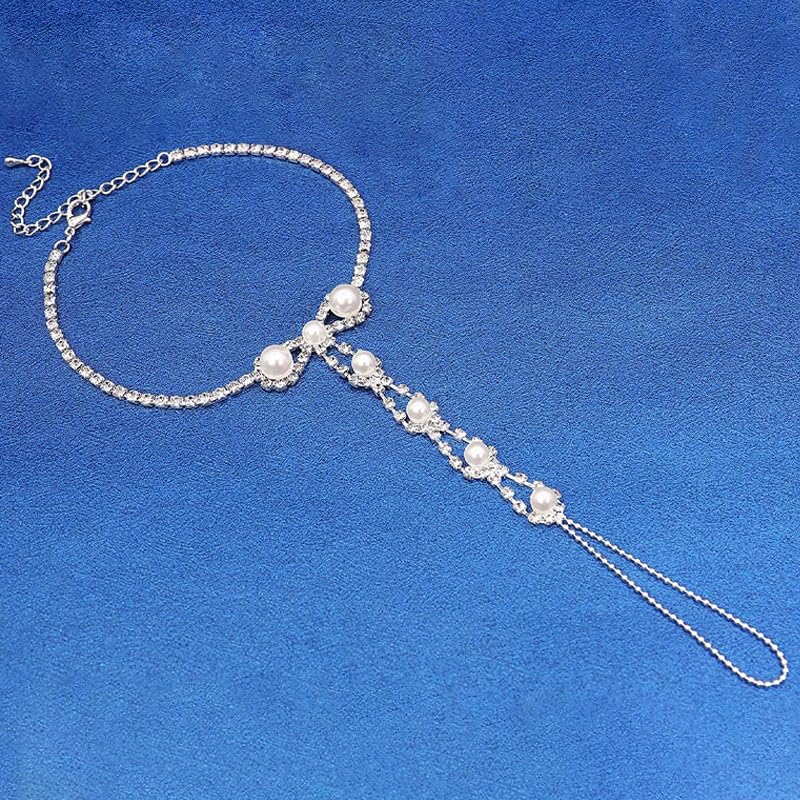 Bowknot Pearl Barefoot Sandals for Women Crystal Dainty Fashion Boho Sparkling Ankle Bracelet Rhinestones Silver Foot Chain With Toe Ring Bohemian Anklet Summer Beach Wedding Bridal Party Jewelry Gifts 1pair