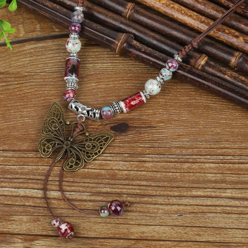 Boho Style Colorful Ceramic Bead Strand Necklace Adjustable Bohemian Jewelry Gift for Women, Fashion Clothing Matching Necklace - color: Maroon